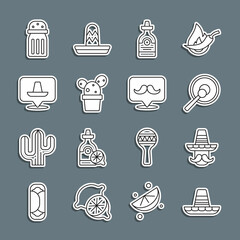 Set line Mexican sombrero, man, Gong, Tequila bottle, Cactus or succulent in pot, Salt and Mustache icon. Vector