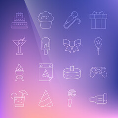 Set line Birthday party horn, Gamepad, Balloon with ribbon, Microphone, Ice cream, Martini glass, Cake burning candles and Gift bow icon. Vector