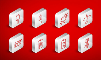Set line Military reward medal, knife, Bomb explosive planet earth, Plane, rank, Anti-tank hand grenade, Chevron and icon. Vector