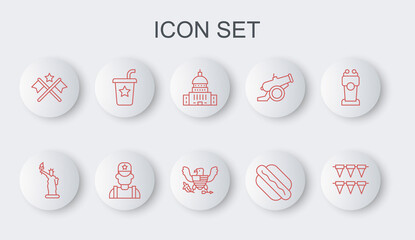 Set line Carnival garland with flags, Statue of Liberty, White House, Hotdog sandwich, American, Paper glass straw, Sheriff cowboy and Eagle icon. Vector