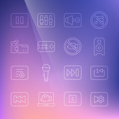 Set line Music or video settings, Repeat track music player, Stereo speaker, Speaker mute, Selfie on mobile, Cinema camera, Pause button and Prohibition no recording icon. Vector