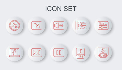 Set line Live stream, Laptop with music, Speaker mute, MP3 file, Music or video editing, Fast forward and Pause button icon. Vector