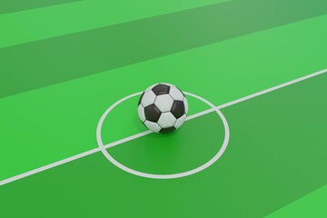 Minimal soccer football ball on the center of the field waiting for start kicking 3D rendering illustration