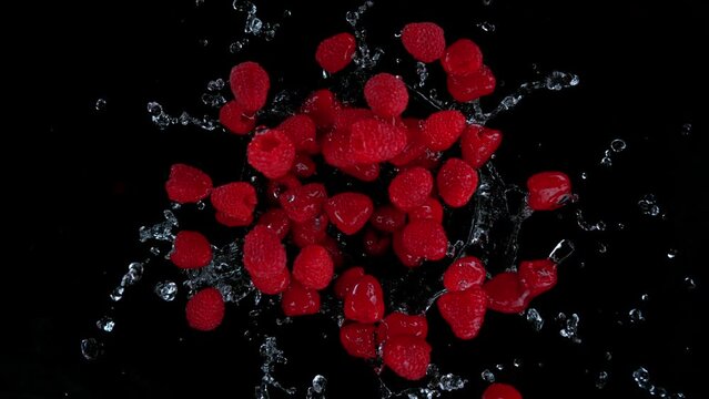 Super slow motion shot of rotating exploded raspberries with splashing water on black at 1000fps.