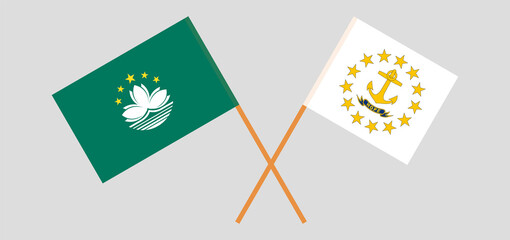 Crossed flags of Macau and the State of Rhode Island. Official colors. Correct proportion