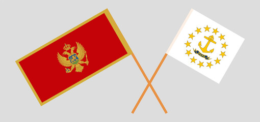 Crossed flags of Montenegro and the State of Rhode Island. Official colors. Correct proportion