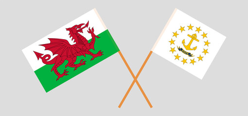 Crossed flags of Wales and the State of Rhode Island. Official colors. Correct proportion