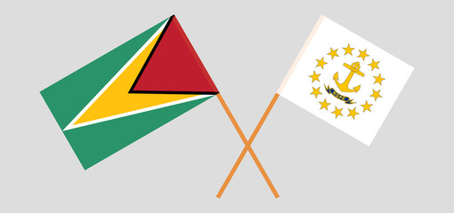 Crossed flags of Guyana and the State of Rhode Island. Official colors. Correct proportion