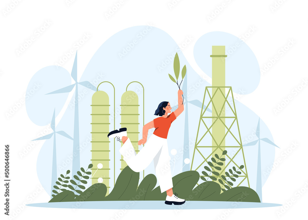 Wall mural green industry concept. girl rejoices next to windmills and solar panels, care for environment and r