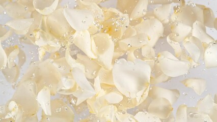 Super slow motion shot of flying white rose petals and water drops on white background at 1000 fps. - Powered by Adobe