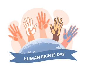 Human Rights Day. Poster or banner for website, tolerance, equality and unity, Development of society and democracy. International holidays, love and support. Cartoon flat vector illustration