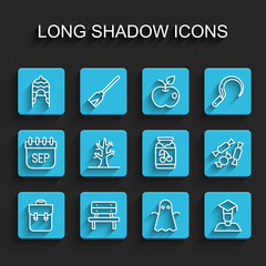 Set line School backpack, Bench, Winter hat, Ghost, Graduate and graduation cap, Bare tree, Candy and Jam jar icon. Vector