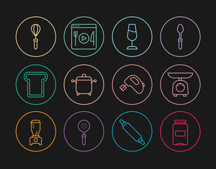 Set line Jam jar, Scales, Wine glass, Cooking pot, Bread toast, Kitchen whisk, Electric mixer and live streaming icon. Vector