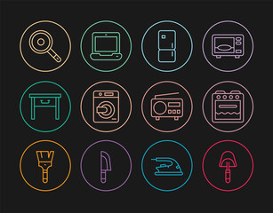 Set line Spatula, Oven, Refrigerator, Washer, Furniture nightstand, Frying pan, Radio and Laptop icon. Vector