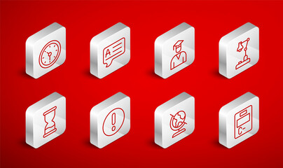 Set line Exam paper with incorrect answers, Speech bubbles Answer, Graduate and graduation cap, Table lamp, Earth globe, Clock, Exclamation and Old hourglass icon. Vector