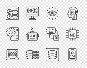 Set line Neural network, Mobile phone, Artificial intelligence AI, Binary code, Computer api interface, robot, Server, Data and Processor CPU icon. Vector