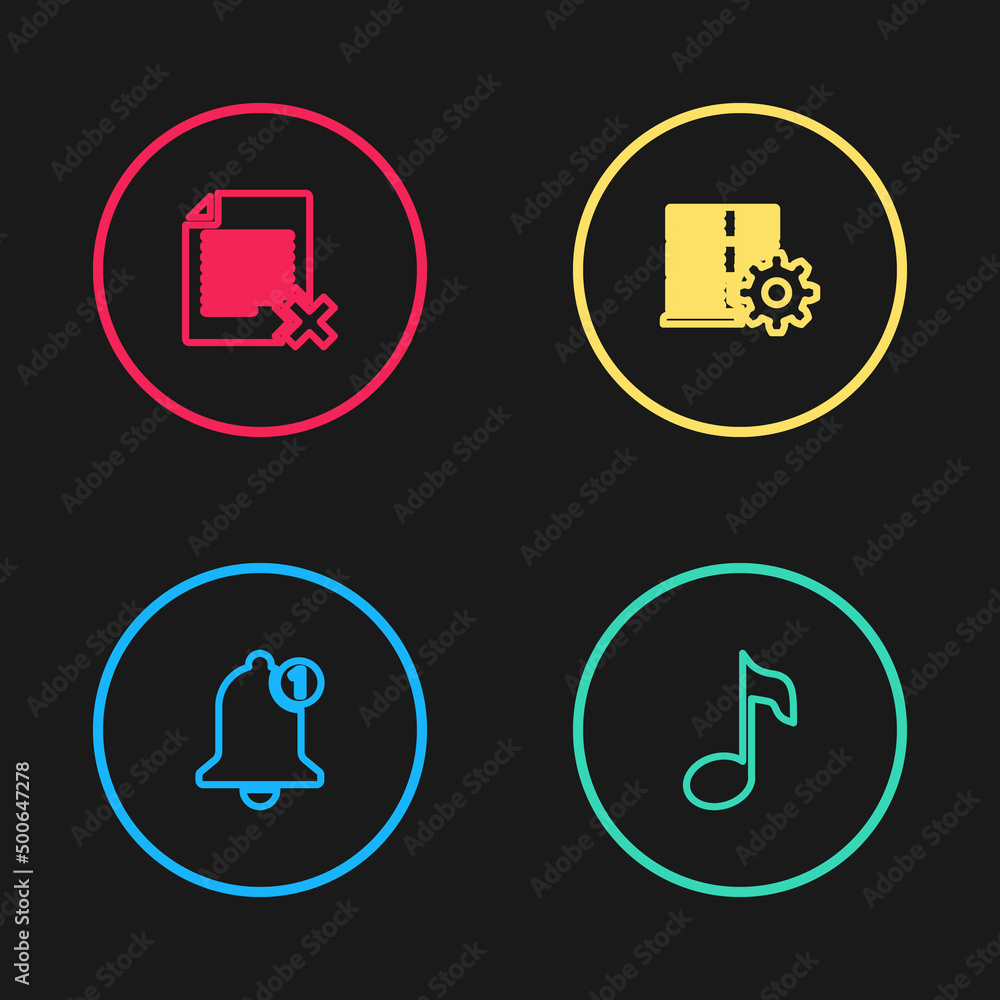 Poster set line bell, music note, tone, server setting and delete file document icon. vector
