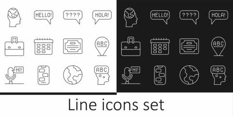 Set line Learning foreign languages, Alphabet, Speech bubbles with Question, School timetable, Briefcase, Certificate template and Hello different icon. Vector