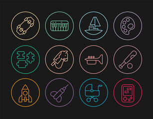 Set line Tetris electronic game, Baseball bat with ball, Toy boat, horse, Puzzle pieces toy, Skateboard, Trumpet and Music synthesizer icon. Vector