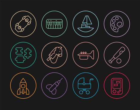 Set line Tetris electronic game, Baseball bat with ball, Toy boat, horse, Puzzle pieces toy, Skateboard, Trumpet and Music synthesizer icon. Vector
