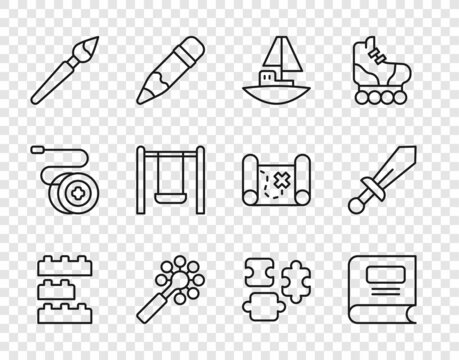 Set line Toy building block bricks, Book, boat, Rattle baby toy, Paint brush, Swing, Puzzle pieces and Sword icon. Vector