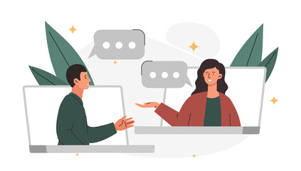 Remote work concept. Man and woman in webpages, communication in social networks, modern technologies and digital world. Colleagues discussing common project. Cartoon flat vector illustration