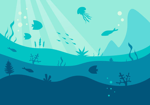 Underwater world silhouette, vector. Deep blue sea with fishes and seaweed, simple flat illustration
