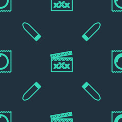 Set line Movie clapper with Sex, Dildo vibrator and Condom in package on seamless pattern. Vector