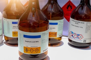 sulfuric acid in bottle, chemical in the laboratory