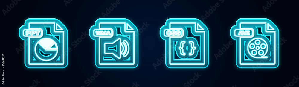 Poster set line ppt file document, wma, css and avi. glowing neon icon. vector