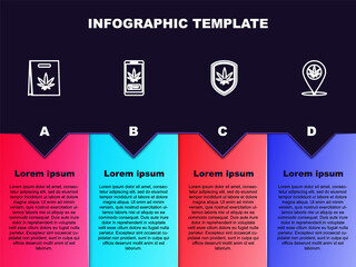 Set line Shopping bag of marijuana, Online buying, Shield and and Location. Business infographic template. Vector