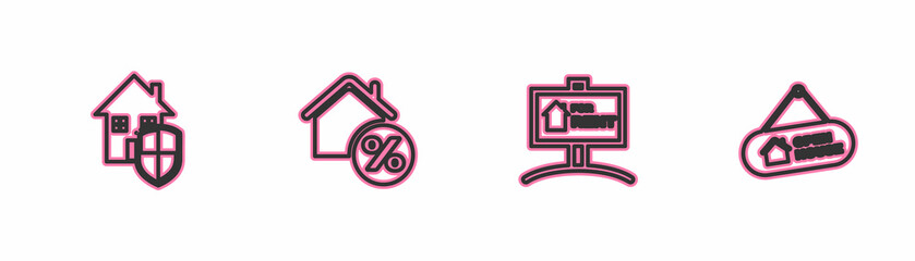 Set line House under protection, Hanging sign with For Rent, percant and Open house icon. Vector