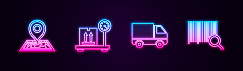 Set line Placeholder on map, Scale with cardboard box, Delivery cargo truck vehicle and Search barcode. Glowing neon icon. Vector