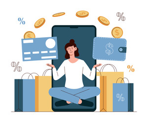 Money refund concept. Girl transfers coins from one card to another, modern technology and digital world. Safe online shopping, investment and financial literacy. Cartoon flat vector illustration