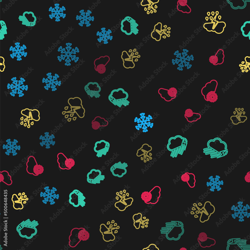 Poster set line snowflake, cloud with rain and lightning, and snow on seamless pattern. vector