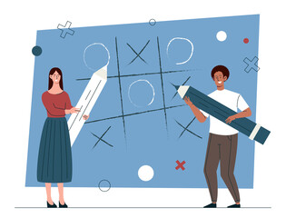 Fototapeta premium Playing noughts and crosses. Entertainment and joint pastime. Logic and cunning. Man and girl with pencil. Metaphor for business strategy and company development. Cartoon flat vector illustration