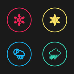 Set line Cloud with snow and moon, rain, Snowflake and icon. Vector