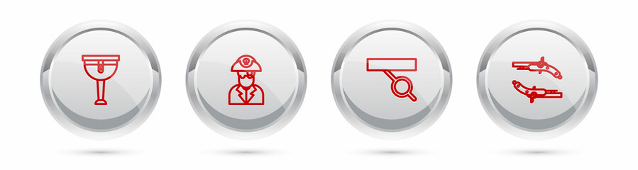 Set line Wooden pirate leg, Pirate captain, eye patch and Vintage pistols. Silver circle button. Vector