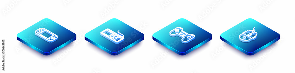Poster set isometric line portable video game console, computer keyboard, gamepad and mouse gaming icon. ve