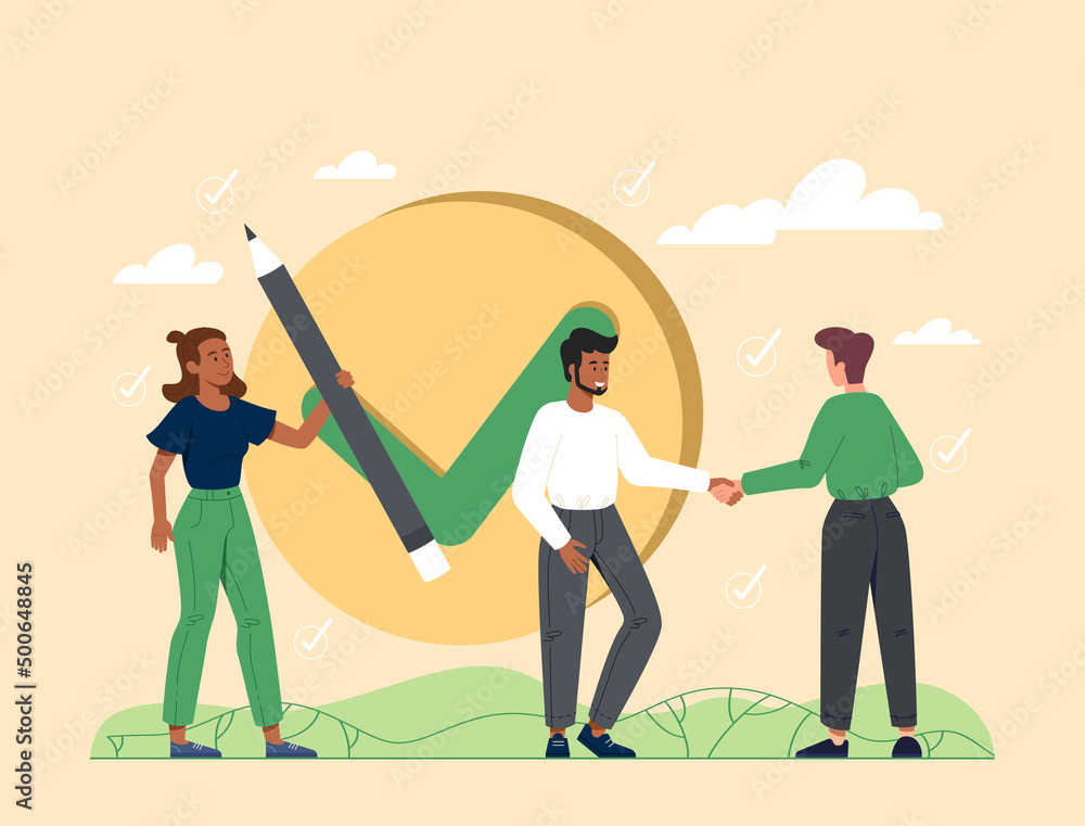 Poster job done concept. characters shake hands with each other on background of check mark. man and girl c