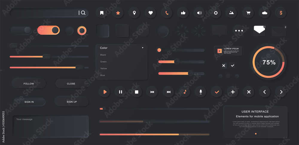 Poster dark user interface. collection of images for website, modern technology and digital world. music ap