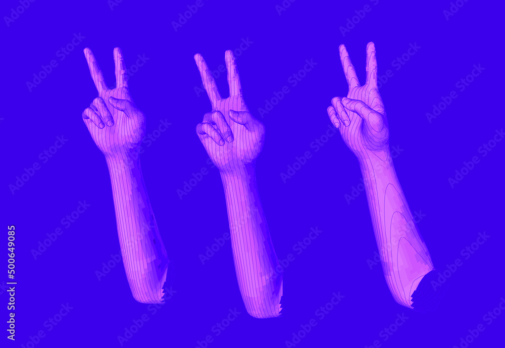 Poster set of 3d low-poly hand models made of polygonal wireframe. collection of futuristic style illustrat