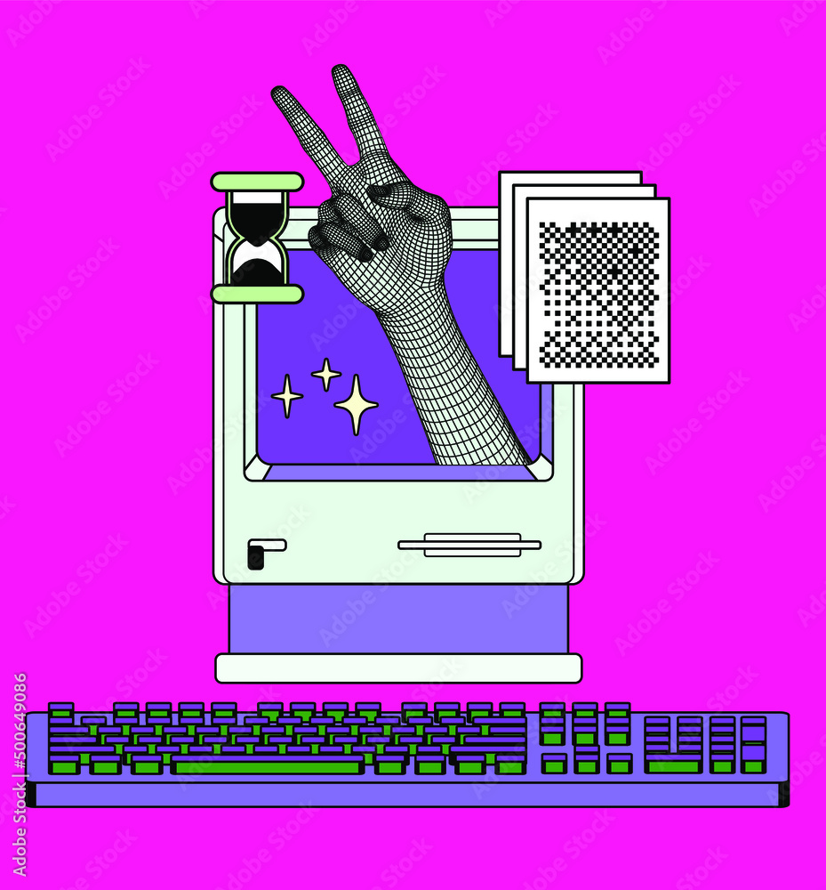 Poster old-fashioned personal computer in retro 80s style in neon acid colors.