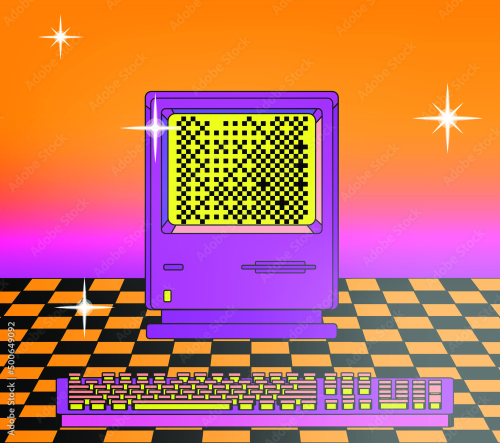 Poster old-fashioned personal computer in retro 80s style in neon acid colors.