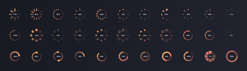 Loading circle set. Collection of design elements for apps for smartphone or programs for computer. Interface and software development. Cartoon flat vector illustrations isolated on black background