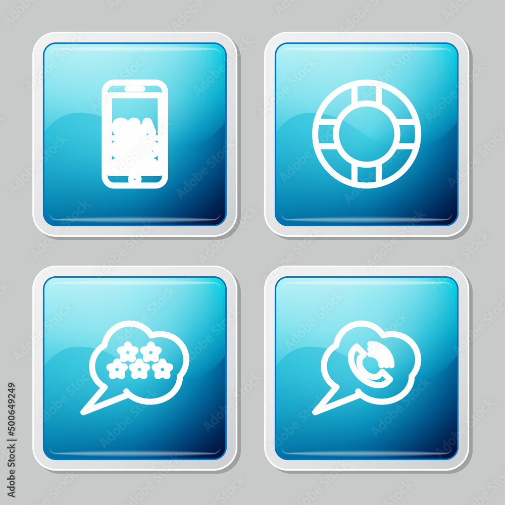 Poster set line mobile question and exclamation, lifebuoy, five stars rating review and speech bubble with 