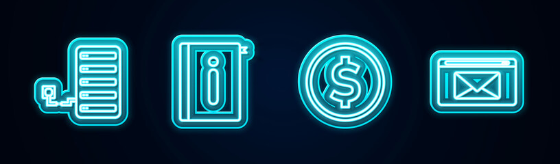 Set line Server, User manual, Coin money with dollar and Mail and e-mail. Glowing neon icon. Vector