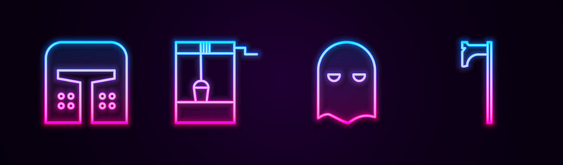 Set line Medieval iron helmet, Well with bucket, Executioner mask and axe. Glowing neon icon. Vector