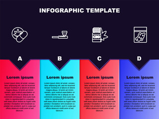 Set line Herbal ecstasy tablets, Smoking pipe, Medical bottle with marijuana and Plastic bag of cannabis. Business infographic template. Vector