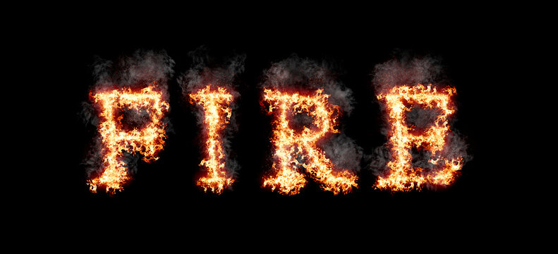 Word fire burning with fire and smoke, digital art isolated on black background